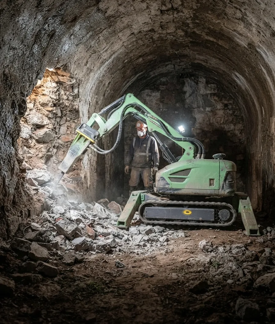 Abbruchroboter im Einsatz in einem engen Tunnel