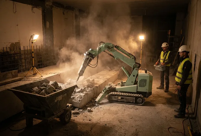 Roboter lädt Schutt in eine Mulde