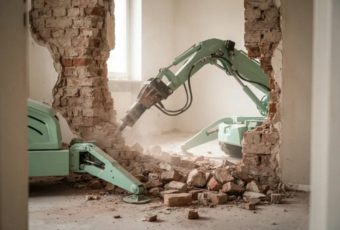 Roboter vor einer halb abgetragenen Ziegelwand