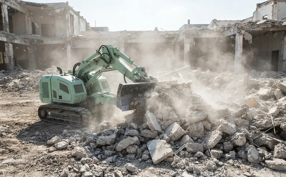 Abbruchroboter schiebt Schutt auf einer Großbaustelle zusammen