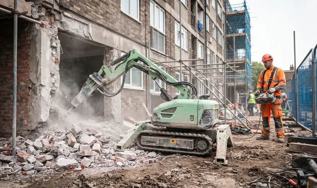 Abbruchroboter im Einsatz vor einem Wohnhaus
