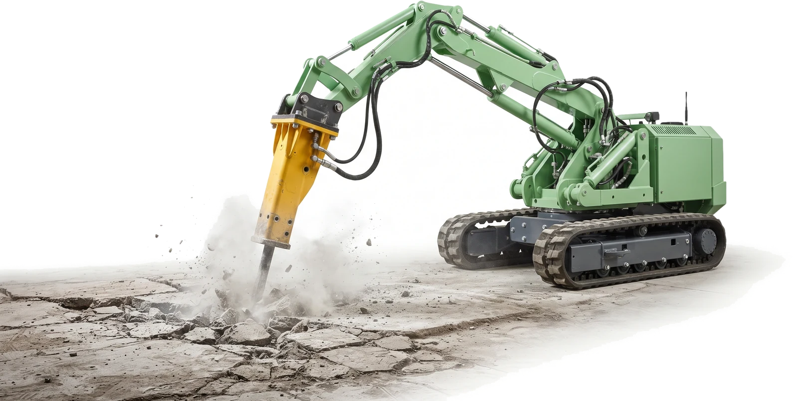 Ferngesteuerter Abbruchroboter mit gelbem Hydraulikhammer bricht eine Betonplatte auf