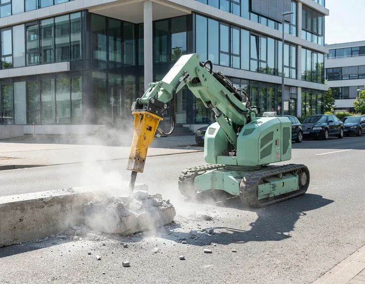 Abbruchroboter bricht einen Betonsockel auf einer Straße auf