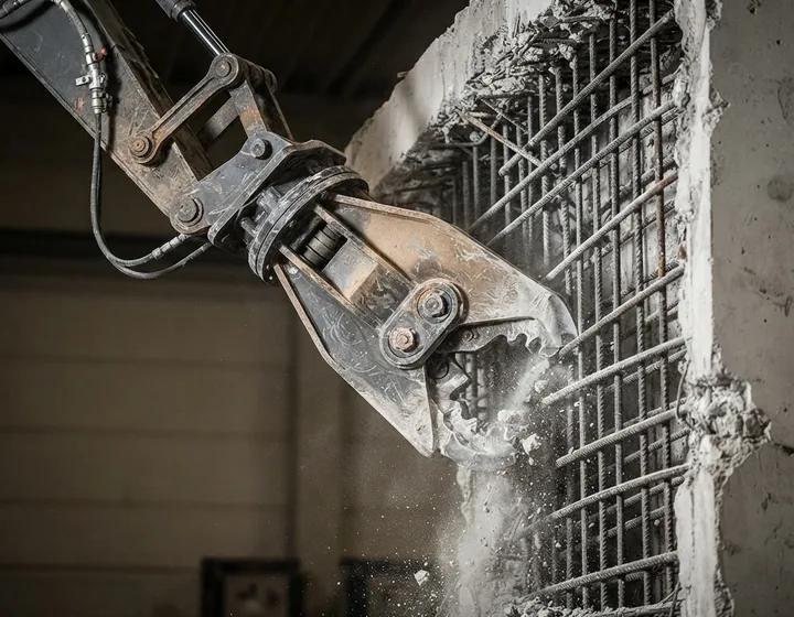 Hydraulische Abbruchschere an einer Betonwand