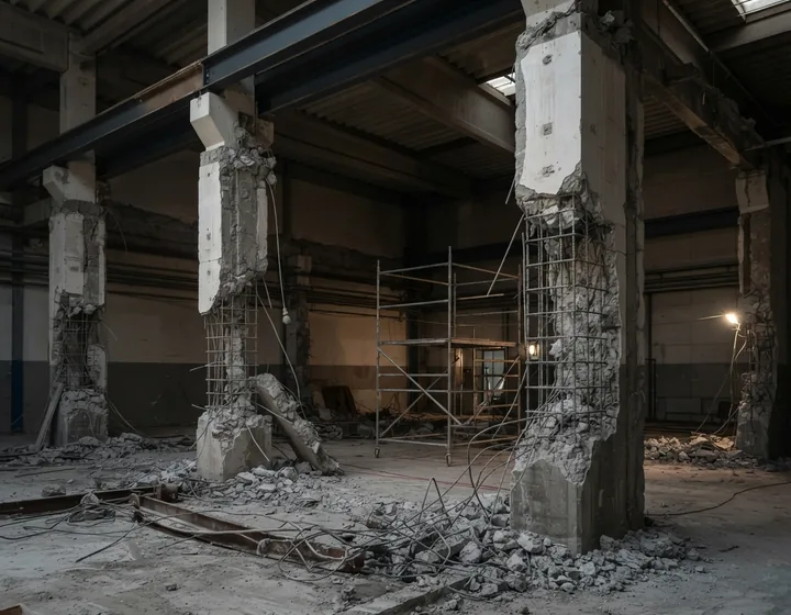 Halle im Rückbau mit teilweise entfernten Betonstützen
