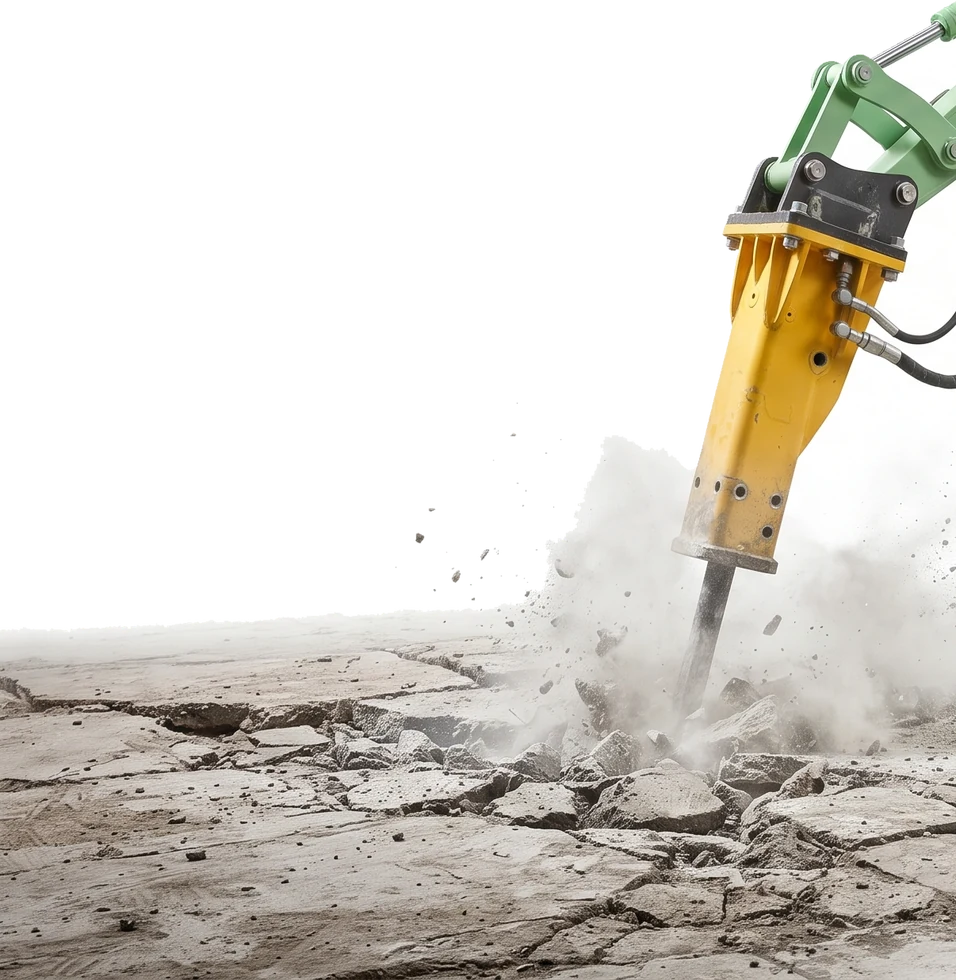 Gelber Hydraulikhammer am grünen Knickarm auf Betonschutt